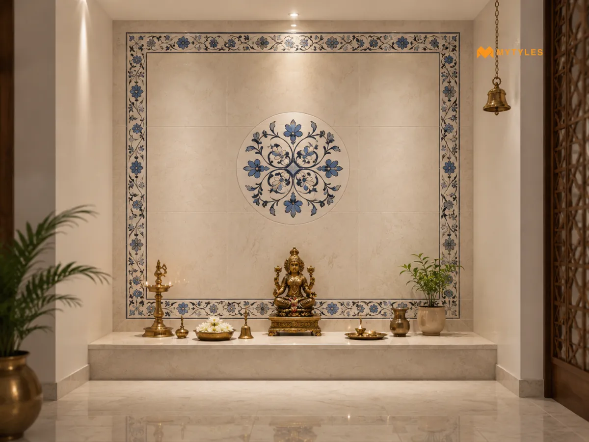 Floral Border Around Pooja Room Wall Tiles